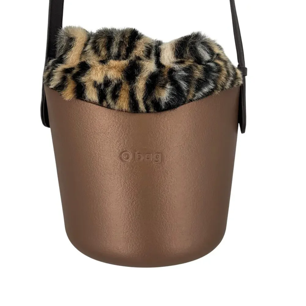 O Bag Italy Eva Compound Basket Tote Crossbody Bronze Faux Leopard Drawstring